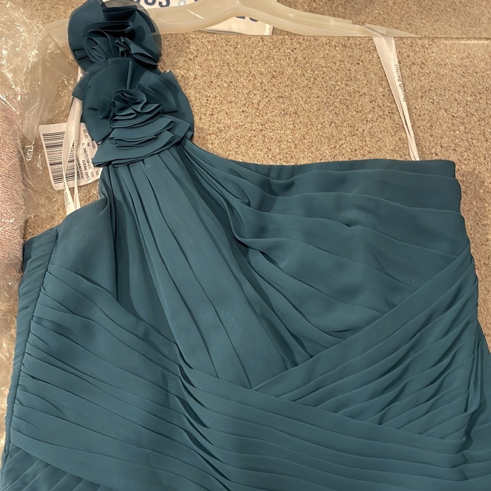David's Bridal Teal One-Shoulder Dress